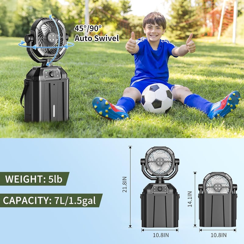 XAP Portable Misting Fan Rechargeable for Hot Weather - 9-inch Auto Swivel Camping Fan with 25000mAh USB Battery as Power Bank, Outdoor fan with 4 Mist Cooler, 7L Bucket for Patio,Fishing,Yard,Beach,Golf - Image 2